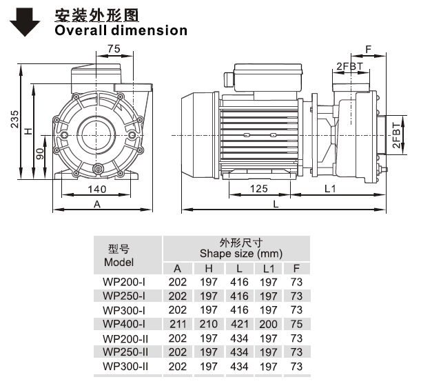 WP系列歐洲款按摩浴缸泵安裝尺寸圖