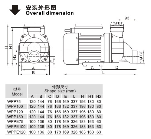 WPP系列歐洲款按摩浴缸泵安裝外形圖
