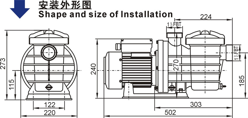 歐洲款SBP泳池泵安裝外形圖