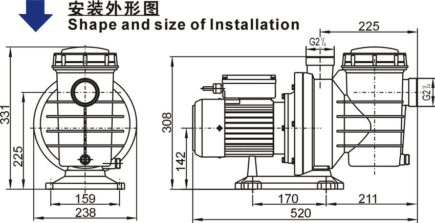 歐洲款SWIM泳池泵的安裝外形圖