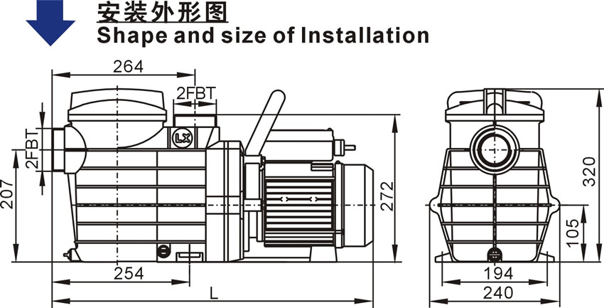 歐洲款SUPA/SUPB泳池泵的安裝外形圖