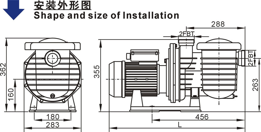 歐洲款SCPB系列泳池泵的安裝外形圖