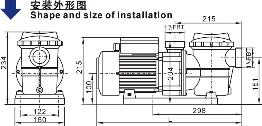 歐洲款STP25-120系列泳池泵安裝外形圖