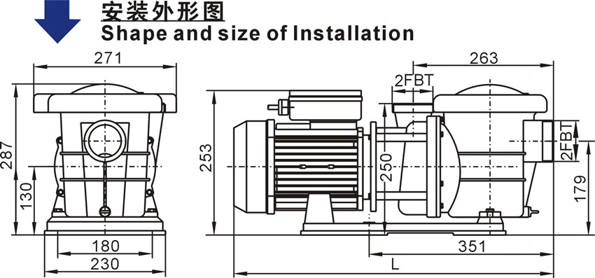 歐洲款SP系列泳池泵的安裝外形圖